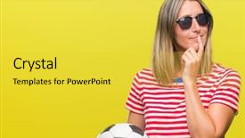  Presentation with beautiful young woman getting face - Amazing slide deck having beautiful woman holding soccer football backdrop and a yellow colored foreground