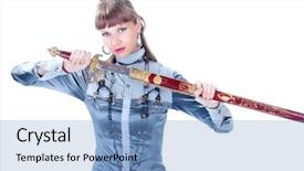  Presentation with sword - Theme with beautiful woman holding in her hands a sword isolated on white background and a light blue colored foreground