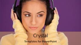  Presentation with listening woman - Presentation theme featuring beautiful woman immersed in her music listening intently to the tunes on a pair of stereo headphones background and a yellow colored foreground