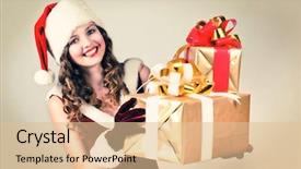 Presentation with sexy santa woman red - Beautiful slide deck featuring beautiful woman in a red dress and hat of santa with a big gift box backdrop and a lemonade colored foreground