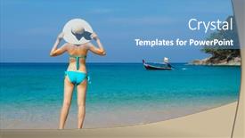  Presentation with summer holiday - PPT theme with beautiful-woman-in-a-swimsuit background and a teal colored foreground