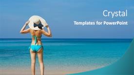  Presentation with summer holiday - Presentation theme featuring beautiful-woman-in-a-swimsuit background and a teal colored foreground