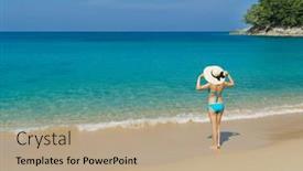  Presentation with summer holiday - Presentation design featuring beautiful-woman-in-a-swimsuit background and a coral colored foreground