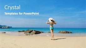  Presentation with summer holiday - PPT theme featuring beautiful-woman-in-a-swimsuit background and a teal colored foreground