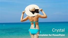  Presentation with summer holiday - Presentation theme featuring beautiful-woman-in-a-swimsuit background and a teal colored foreground