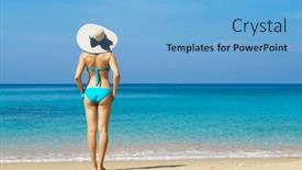  Presentation with summer holiday - PPT theme featuring beautiful-woman-in-a-swimsuit background and a light blue colored foreground