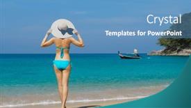 Presentation with summer holiday - Theme having beautiful-woman-in-a-swimsuit background and a teal colored foreground