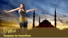  Presentation with dance - Colorful theme enhanced with beautiful woman in belly dance clothes with arab mosque on the background backdrop and a tawny brown colored foreground