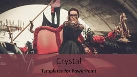  Presentation with carnaval - Colorful theme enhanced with beautiful woman in black dress with carnaval mask riding on gondola backdrop and a tawny brown colored foreground