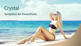  Presentation with tourism - Amazing PPT theme having beautiful woman in black swimsuit young and sporty girl posing on a beach at summer traveling tourism concept backdrop and a cool aqua colored foreground