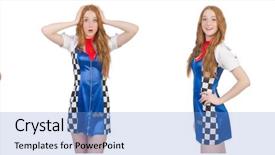  Presentation with dress for success - Amazing PPT theme having beautiful woman in checkered dress backdrop and a light blue colored foreground
