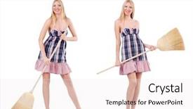  Presentation with concept - Colorful slide deck enhanced with beautiful woman in housecleaning concept backdrop and a  colored foreground
