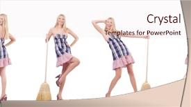  Presentation with concept - Colorful presentation theme enhanced with beautiful woman in housecleaning concept backdrop and a  colored foreground