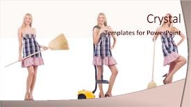  Presentation with concept - Colorful presentation theme enhanced with beautiful woman in housecleaning concept backdrop and a lemonade colored foreground