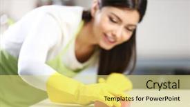  Presentation with pregnant woman cleaning - Audience pleasing slides consisting of beautiful woman in protective gloves backdrop and a yellow colored foreground