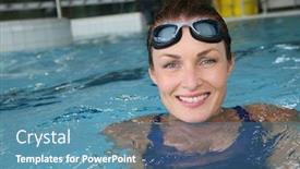  Presentation with public - Beautiful slide set featuring beautiful woman in public indoor swimming pool backdrop and a teal colored foreground
