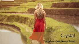  Presentation with rice terraces - Audience pleasing PPT layouts consisting of beautiful woman in red dress rice terraces backdrop and a gold colored foreground