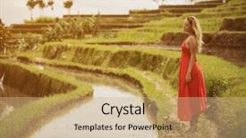  Presentation with rice terraces - PPT layouts enhanced with beautiful woman in red dress rice terraces background and a coral colored foreground