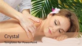  Presentation with palm leaves - Beautiful PPT theme featuring beautiful woman in spa salon getting massage on palm leaves background backdrop and a coral colored foreground