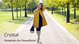  Presentation with walking - Amazing PPT theme having beautiful woman in yellow coat backdrop and a lemonade colored foreground