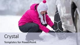  Presentation with chain - Theme having beautiful woman installing snow chain background and a lemonade colored foreground