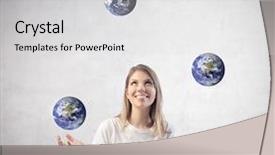  Presentation with juggling - Presentation theme having beautiful woman juggling with earths background and a light gray colored foreground