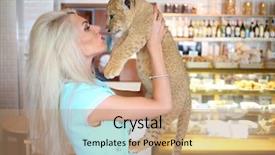  Presentation with funny - Colorful slide deck enhanced with beautiful woman kisses funny little calf of lion near showcase in cafe backdrop and a coral colored foreground
