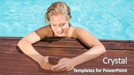  Presentation with text message - Colorful theme enhanced with beautiful woman leaning on poolside and typing a text message on cellphone backdrop and a tawny brown colored foreground