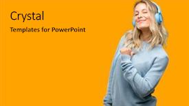  Presentation with listening woman - Audience pleasing PPT theme consisting of beautiful woman listening to music backdrop and a light gray colored foreground