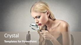  Presentation with looking glass - Slide deck with beautiful woman looking little man background and a coral colored foreground