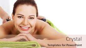  Presentation with spa concept stone - Cool new presentation theme with beautiful woman lying on spa salon having stone massage spa concept isolated on white backdrop and a coral colored foreground