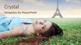  Presentation with eiffel tower - Beautiful theme featuring beautiful woman lying on a green meadow with eiffel tower in the background backdrop and a lemonade colored foreground