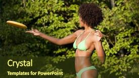  Presentation with frisbee - Amazing PPT layouts having beautiful woman of african-american origin throwing a frisbee disc backdrop and a tawny brown colored foreground