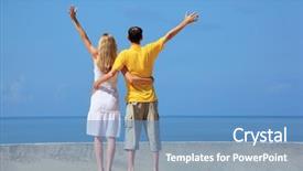  Presentation with upwards - Audience pleasing PPT theme consisting of beautiful woman on quay lifted backdrop and a  colored foreground