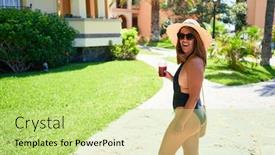  Presentation with hotel resort - Colorful presentation theme enhanced with woman on swimsuit at hotel backdrop and a mint green colored foreground