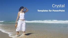  Presentation with starfish - Audience pleasing presentation theme consisting of beautiful woman on the beach with a starfish on the hand observing something backdrop and a ocean colored foreground