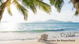  Presentation with coconut tree - PPT theme enhanced with beautiful woman on the beach at the tropical summer resort underthe coconut tree background and a soft green colored foreground