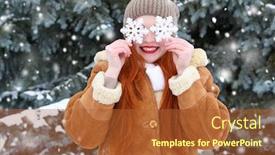  Presentation with red chinese winter festival - Audience pleasing PPT theme consisting of beautiful woman on winter outdoor posing with big snowflake toys holiday concept snowy fir trees in forest long red hair wearing a sheepskin coat backdrop and a red colored foreground