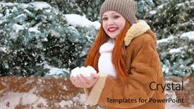  Presentation with winter forest - Audience pleasing theme consisting of beautiful woman play with snow on winter outdoor snowy fir trees in forest long red hair wearing a sheepskin coat backdrop and a red colored foreground
