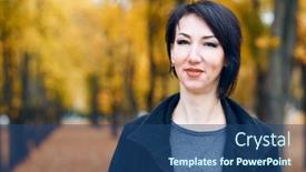  Presentation with fall season - Beautiful theme featuring beautiful woman posing in autumn city park fall season yellow leaves backdrop and a ocean colored foreground