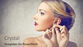  Presentation with pearl - PPT layouts consisting of beautiful-woman-puts-pearl-earrings background and a soft green colored foreground