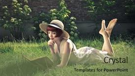  Presentation with garden - Presentation theme consisting of beautiful woman reading a book background and a violet colored foreground