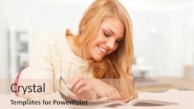  Presentation with reading - PPT layouts consisting of beautiful woman reading a magazine background and a  colored foreground