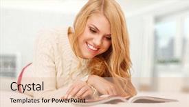  Presentation with reading - Audience pleasing slides consisting of beautiful woman reading a magazine backdrop and a lemonade colored foreground