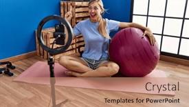  Presentation with pilates - PPT theme having beautiful-woman-recording-pilates-tutorial background and a coral colored foreground