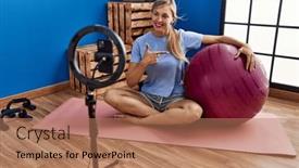  Presentation with pilates - PPT layouts enhanced with beautiful-woman-recording-pilates-tutorial background and a coral colored foreground