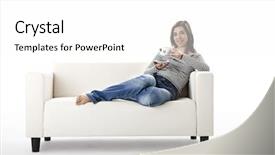  Presentation with coffee cup - Audience pleasing PPT theme consisting of beautiful woman relaxing on a white sofa with a cup of coffee backdrop and a white colored foreground