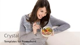  Presentation with eating - Presentation theme consisting of beautiful woman relaxing on the sofa and eating a fruit salad background and a soft green colored foreground