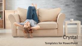  Presentation with home - Presentation with beautiful woman resting on sofa background and a coral colored foreground