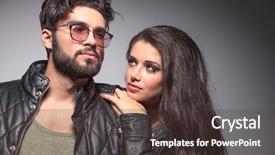  Presentation with lover - Slides enhanced with beautiful woman resting on her lover shoulder looking at him while he is looking away background and a tawny brown colored foreground